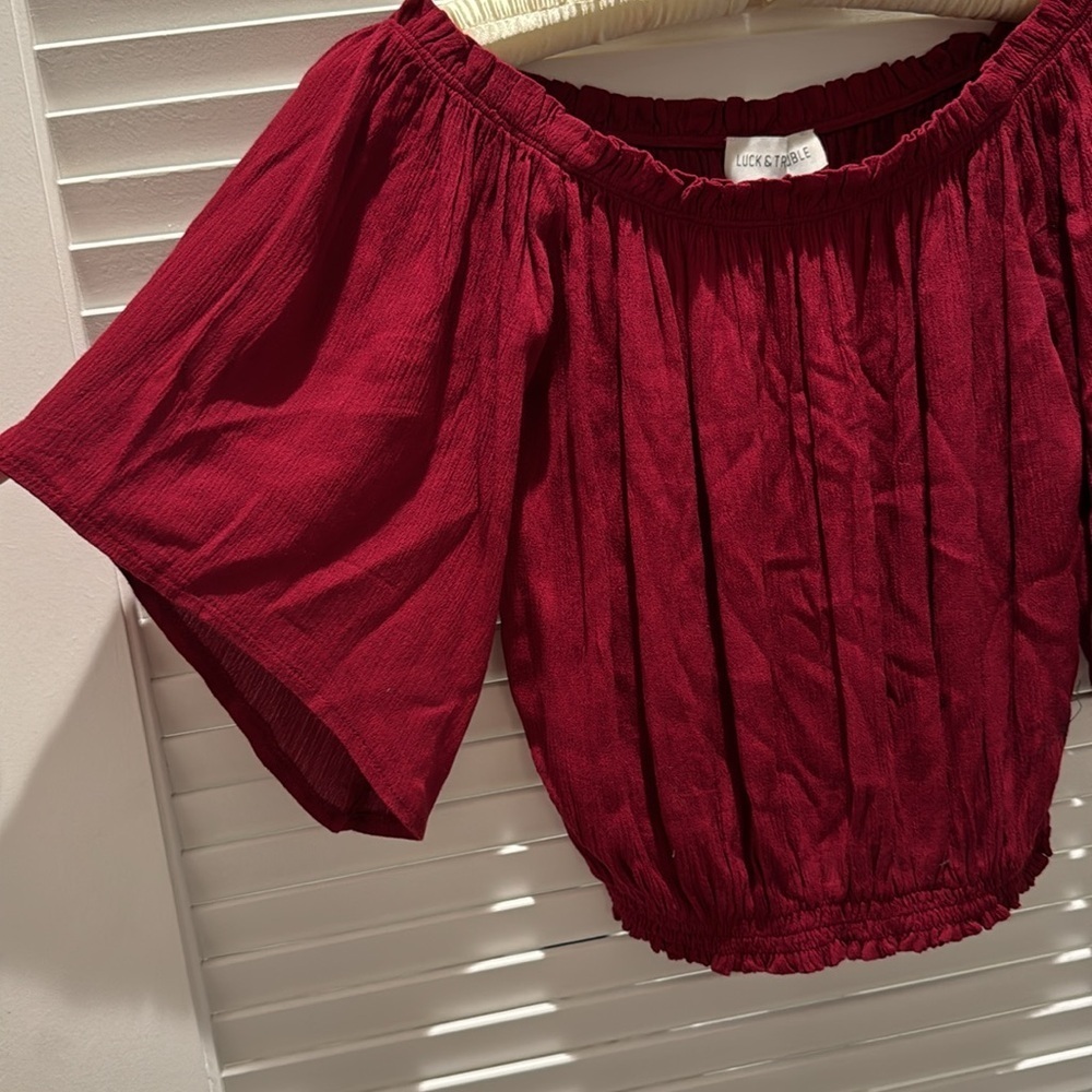 Luck & Trouble Burgundy Off Shoulder Smocked Flutter Sleeve Top (Australia) — image 2 of 5